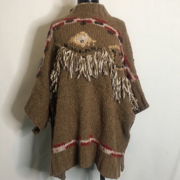 Free People Brown Fringe Oversized Poncho Sweater XS - Picture 3 of 16